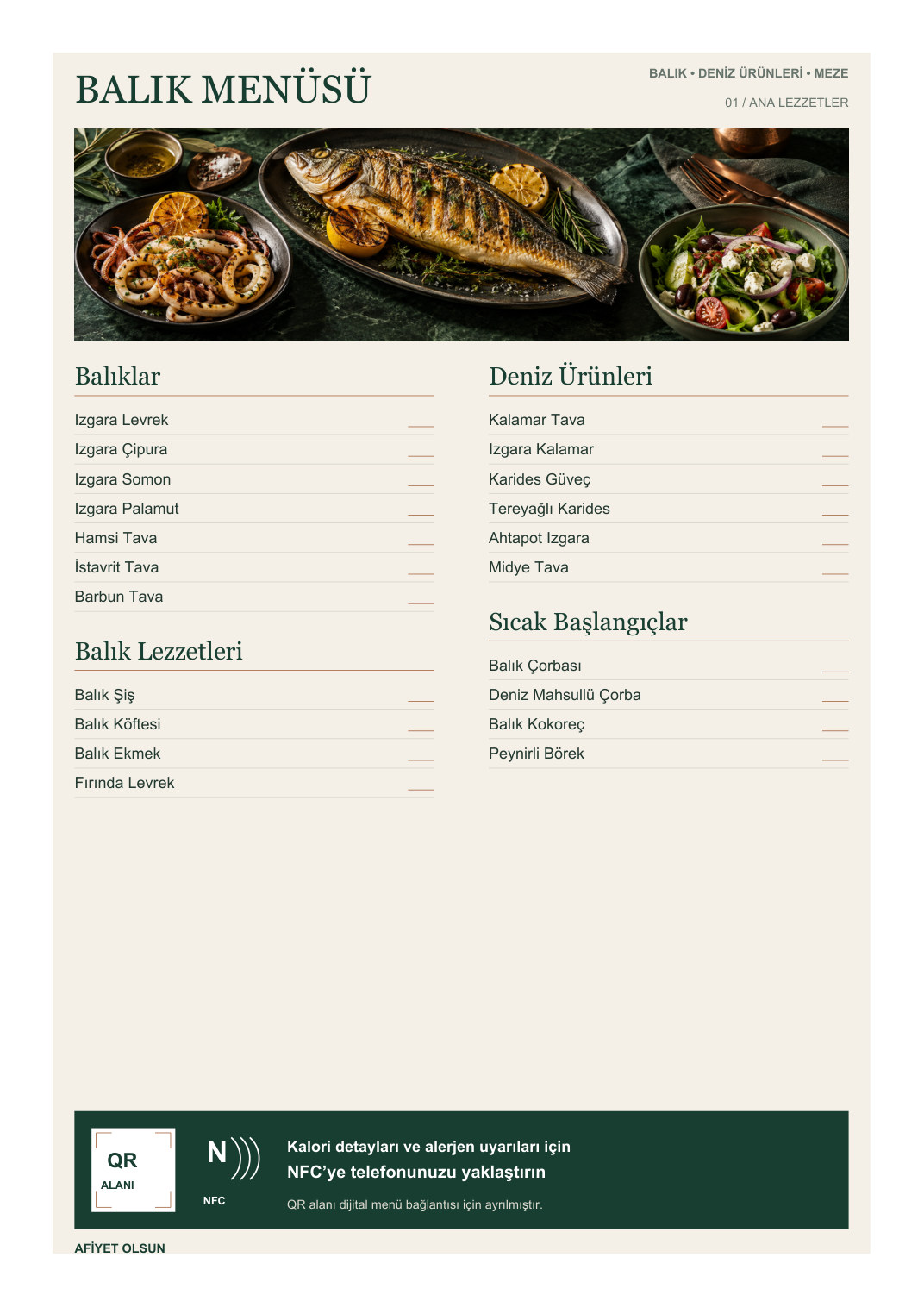 Balık Restaurant Menü A4 NFC ve QR Kodlu