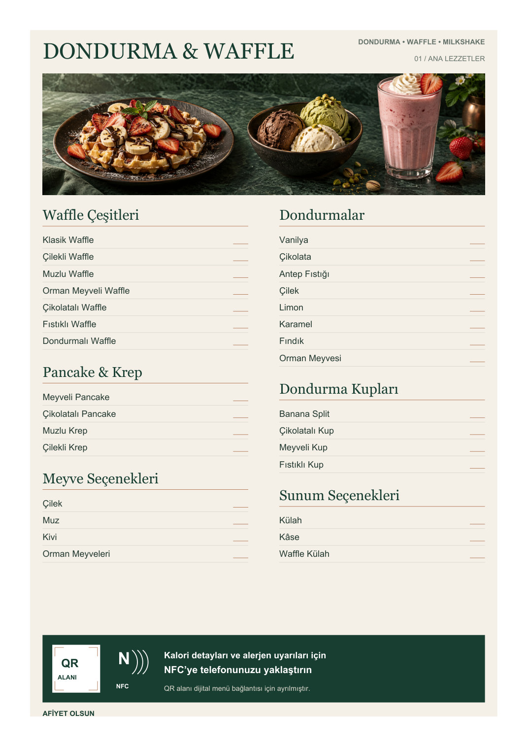 Dondurma ve Waffle Menü A4 NFC ve QR Kodlu