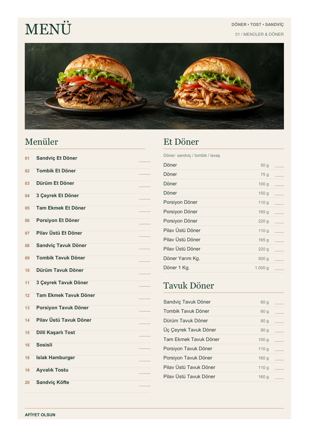 Döner Cafe Menü A4 NFC ve QR Kodlu