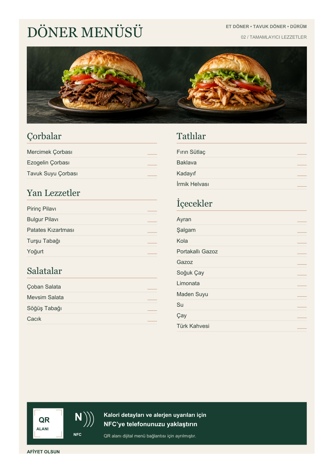 Döner Menü A4 NFC ve QR Kodlu ürün görseli 2