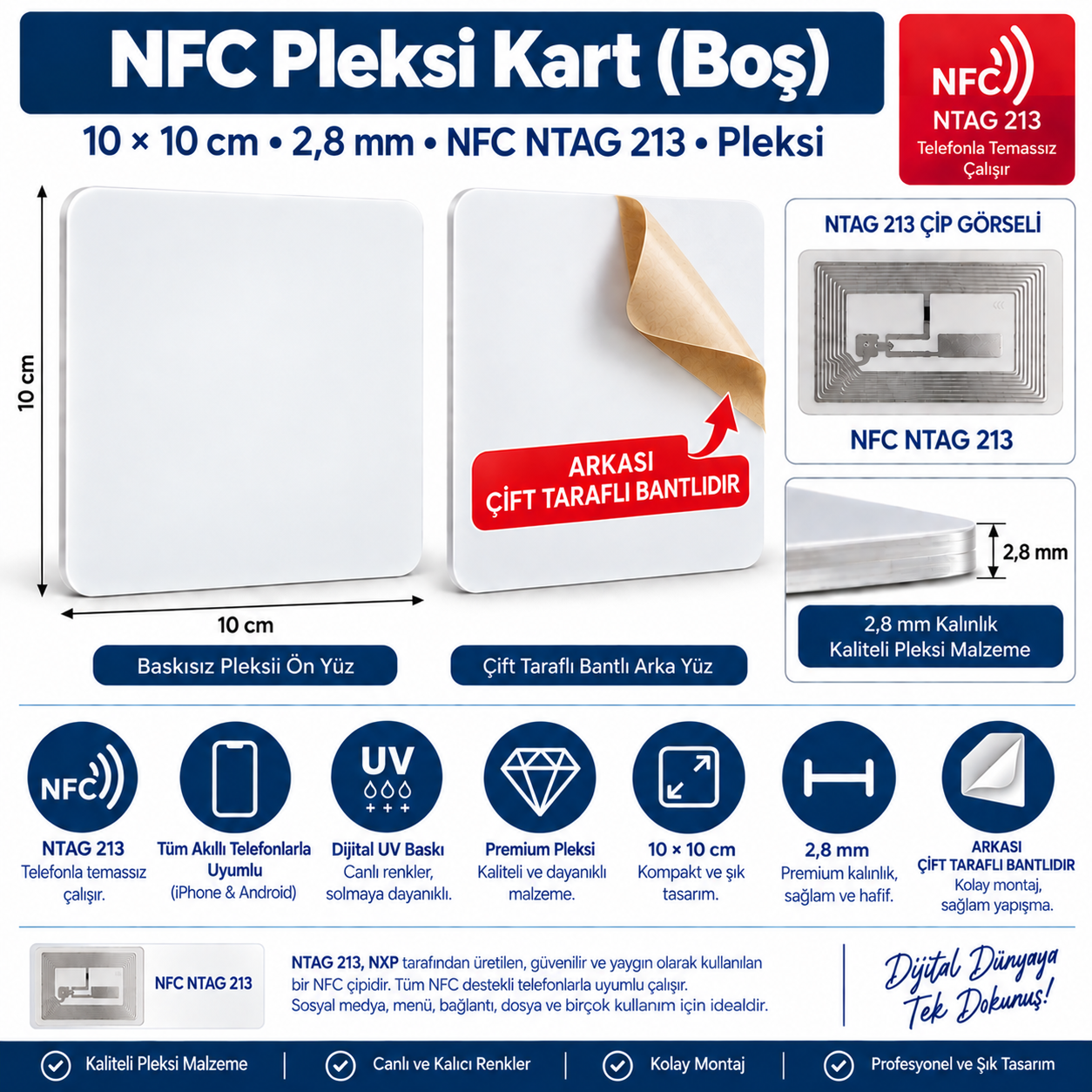 9×9 cm Yapışkanlı Boş NFC Pleksi Kart