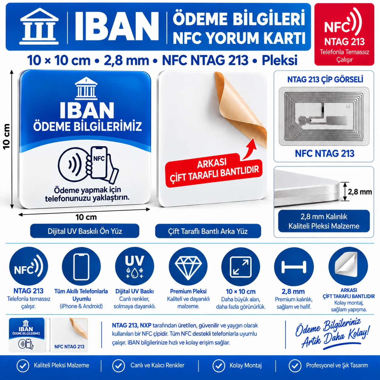 9×9 cm Yapışkanlı IBAN Bilgi NFC Pleksi Kartı