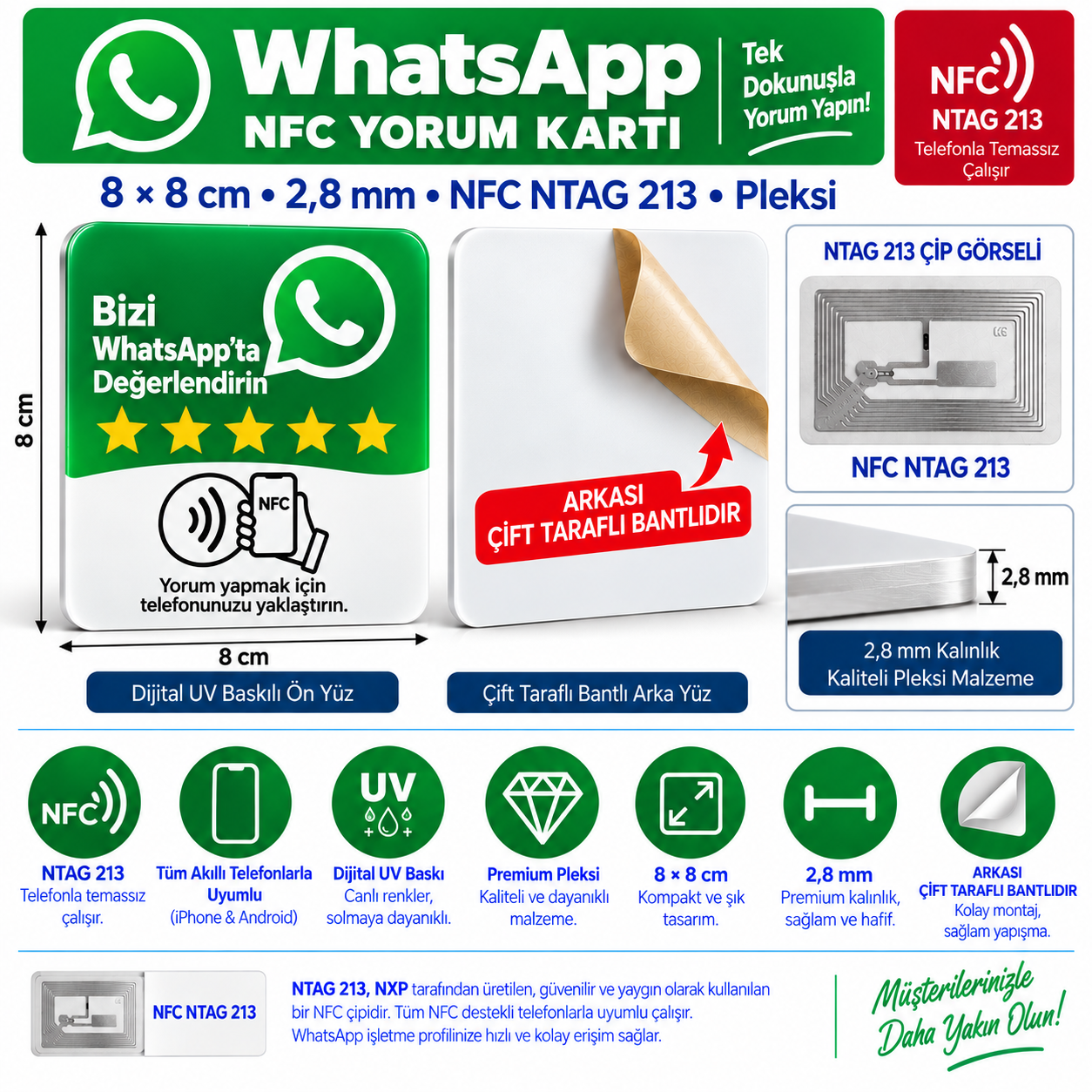 9×9 cm Yapışkanlı WhatsApp İşletme NFC Pleksi Kartı