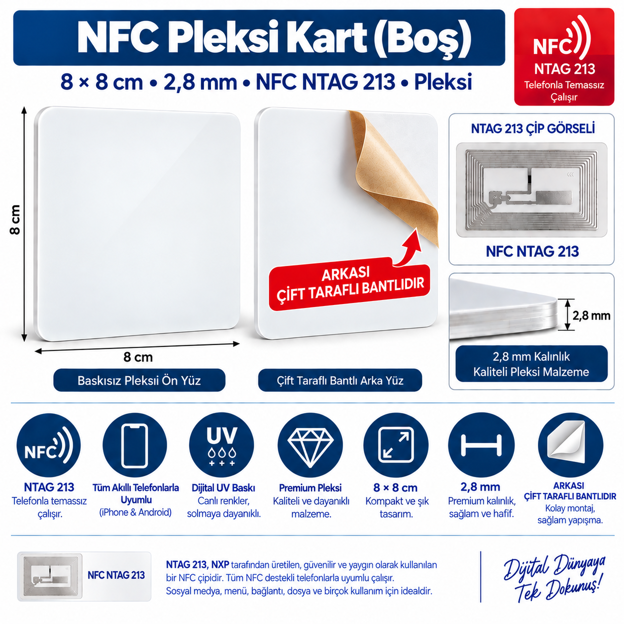 9×9 cm Yapışkanlı Boş NFC Pleksi Kart