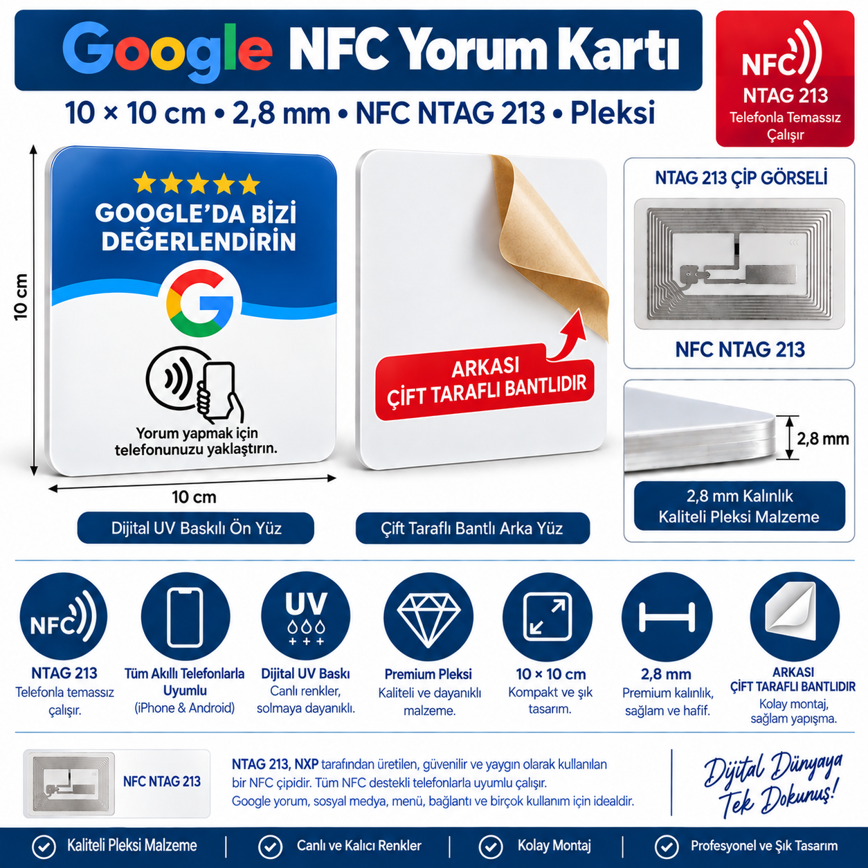 9×9 cm Yapışkanlı Google Yorum NFC Pleksi Kartı