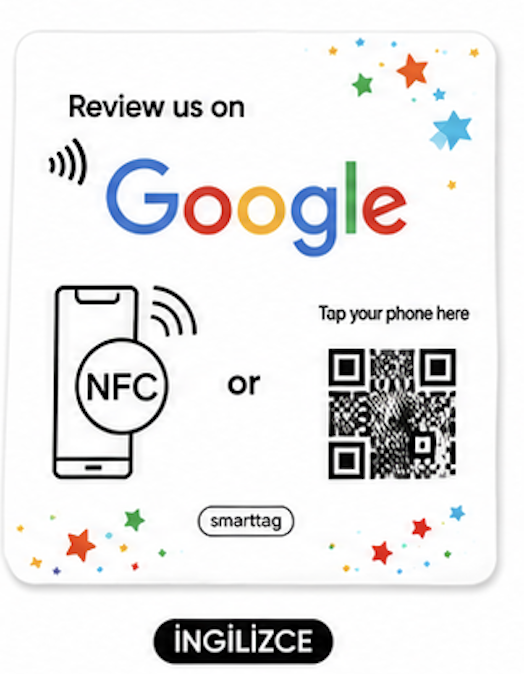 9×9 cm Epoksi Kaplı Damla Etiketli 3B Görünümlü NFC + QR Google Review Card – English