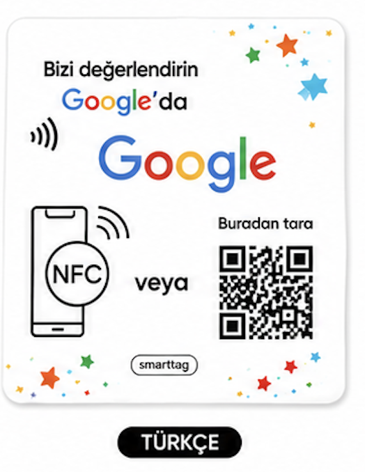 9×9 cm Epoksi Kaplı Damla Etiketli 3B Görünümlü NFC + QR Google Yorum Kartı – Türkçe