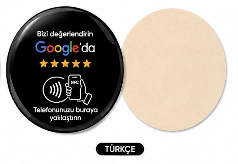 9×9 cm Epoksi Kaplı Damla Etiketli 3B Görünümlü NFC Google Yorum Kartı – Yuvarlak Siyah Türkçe